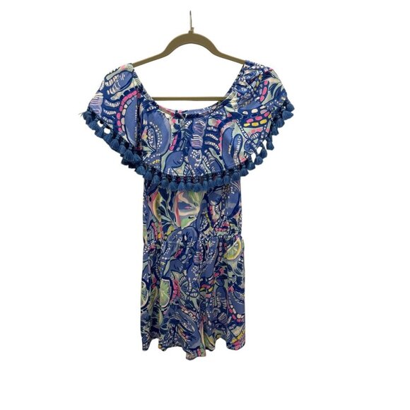 Lilly Pulitzer Blue Tropical Print Pom-Pom Off-Shoulder Romper XXS - Picture 3 of 7
